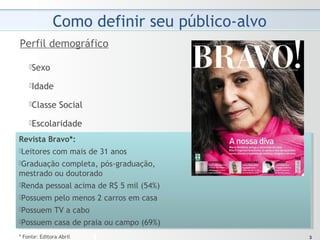 33* Fonte: Editora Abril
Sexo
Idade
Classe Social
Escolaridade
Perfil demográfico
Revista Bravo*:
Leitores com mais de 31 anos
Graduação completa, pós-graduação,
mestrado ou doutorado
Renda pessoal acima de R$ 5 mil (54%)
Possuem pelo menos 2 carros em casa
Possuem TV a cabo
Possuem casa de praia ou campo (69%)
Revista Bravo*:
Leitores com mais de 31 anos
Graduação completa, pós-graduação,
mestrado ou doutorado
Renda pessoal acima de R$ 5 mil (54%)
Possuem pelo menos 2 carros em casa
Possuem TV a cabo
Possuem casa de praia ou campo (69%)
 