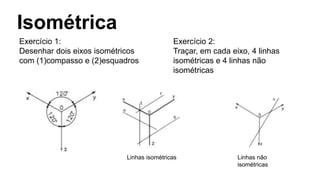 Isométrica
Linhas isométricas Linhas não
isométricas
Exercício 1:
Desenhar dois eixos isométricos
com (1)compasso e (2)esquadros
Exercício 2:
Traçar, em cada eixo, 4 linhas
isométricas e 4 linhas não
isométricas
 