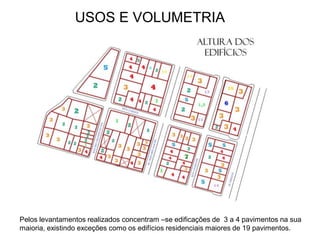 USOS E VOLUMETRIA
Pelos levantamentos realizados concentram –se edificações de 3 a 4 pavimentos na sua
maioria, existindo exceções como os edifícios residenciais maiores de 19 pavimentos.
 