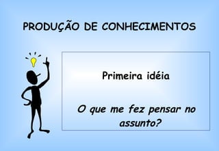 PRODUÇÃO DE CONHECIMENTOS Primeira idéia O que me fez pensar no assunto? 