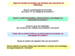 Algumas dúvidas envolvidas nas decisões dos executivos de
                             Marketing...

                   Qual é a participação de mercado
                 da marca “X” na categoria de produto ?


       Qual é o perfil demográfico, sócieconômico e psicológico do
                         consumidor do produto ?


                      Qual é o grau de satisfação
           dos usuários com relação aos produtos e serviços?


      Quais são os pontos fortes e os pontos fracos do produto, na
                        percepção do usuário?


            Quais as razões de rejeição/ não uso do produto?

Quais critérios eu posso utilizar para identificar e compor uma estratégia
de segmentação de mercado?
 