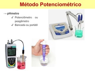 → pHmetro
✔ Potenciômetro ou
peagâmetro
✔ Bancada ou portátil
Método Potenciométrico
 