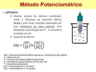 → pHmetro
✔ Medida: através do eletrodo combinado,
mede a diferença de potencial elétrico
(d.d.p.) entre duas soluções separadas por
uma membrana de vidro especial, com
diferentes concentração de H+, e converte o
resultado em pH
✔ Equação de Nernst
Método Potenciométrico
H+
H+
H+
H+
H+
H+
OH-
OH-
OH-
OH-
ddp = diferença de potencial elétrico através da membrana de vidro seletiva
z = valência do íon
F = constante de Faraday (96500 Coulomb/mol)
R = constante dos gases perfeitos (8,3143 J/(K⋅mol)
T = temperatura absoluta (K)
[Hi] = concentração de H+ no interior
[He] = concentração de H+ na solução
 