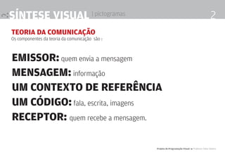 síntese visual | pictogramas                                                                      2
teoria da comunicação
Os componentes da teoria da comunicação são :



emissor: quem envia a mensagem
mensagem: informação
um contexto de referência
um código: fala, escrita, imagens
recePtor: quem recebe a mensagem.

                                                Projeto de Programação visual 4 Professor Fabio Silveira
 