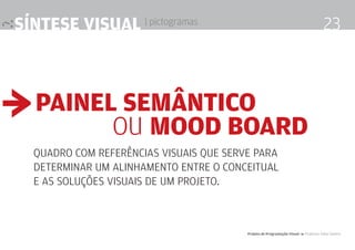 síntese visual | pictogramas                                                          23



≥ Painel semântico
        Ou mood board
  QuADRO COm REFERêNCiAS ViSuAiS QuE SERVE PARA
  DEtERmiNAR um AliNhAmENtO ENtRE O CONCEituAl
  E AS SOluçõES ViSuAiS DE um PROjEtO.



                                         Projeto de Programação visual 4 Professor Fabio Silveira
 