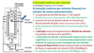 a) 38.000kg/h de grãos, 12 % umidade
b) extração contínua por solvente (hexano) em
extrator de cestos contracorrentes;
✓ recuperação de até 98% do óleo : (~14,2 Kg/hl)
✓ Farinha (flocos final) com teor de ~44 a 46% de proteína
✓ aumento do teor de proteína pode ser elevado por
descascamento do grão ( prévio ou terminal ( 41% e 50%))
✓ limite econômico: 0,5% de óleo na massa de grãos final
(flocos)
✓ a extração ocorre principalmente por difusão do solvente
nas paredes celulares até o equilíbrio;
✓ a velocidade de difusão é diretamente proporcional a área
superficial da partícula e inversamente proporcional a uma
potência de espessura com circulação livre do solvente.
✓ a massa de flocos final (torta) é encaminhada ao torrefador
de flocos e evaporador de solvente (DTS) (30.000kg/h)
✓ ver detalhes do reciclo do solvente (18.000kg/h solv.)
II-Extração contínua por solvente
 