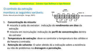 Modelos – Características - Extrator tipo Bollman e tipo Rotocel
O controle da extração
monitora as seguintes variáveis:
(Fonte: Manual para Extração - Bunge, 2007):
1. Concentração da miscela:
❖ miscela à saída do extrator: indicação do rendimento em óleo da
extração
❖ miscela em recirculação: indicação do perfil de concentrações dentro
do extrator
2. Temperatura de extração: deve-se controlar a temperatura dos sólidos e
do hexano à entrada;
3. Retenção de solvente: O valor obtido dá a indicação sobre a existência
ou não de problemas na drenagem e percolação.
 