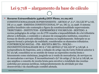 Recurso Extraordinário 346084 (STF Pleno, 01.09.06) CONSTITUCIONALIDADE SUPERVENIENTE - ARTIGO 3º, § 1º, DA LEI Nº 9.718, DE 27.11.1998 - EMENDA CONSTITUCIONAL Nº 20, DE 15 .12.1998. O sistema jurídico brasileiro não contempla a figura da constitucionalidade superveniente. TRIBUTÁRIO - INSTITUTOS - EXPRESSÕES E VOCÁBULOS - SENTIDO. A norma pedagógica do artigo 110 do CTN ressalta a impossibilidade de a lei tributária alterar a definição, o conteúdo e o alcance de consagrados institutos, conceitos e formas de direito privado utilizados expressa ou implicitamente. Sobrepõe-se ao aspecto formal o princípio da realidade, considerados os elementos tributários. CONTRIBUIÇÃO SOCIAL - PIS - RECEITA BRUTA - NOÇÃO - INCONSTITUCIONALIDADE DO § 1º DO ARTIGO 3º DA LEI Nº 9.718/98. A jurisprudência do Supremo, ante a redação do artigo 195 da Carta Federal anterior à EC 20/98, consolidou-se no sentido de tomar as expressões receita bruta e faturamento como sinônimas, jungindo-as à venda de mercadorias, de serviços ou de mercadorias e serviços. É inconstitucional o §1º do artigo 3º da Lei 9.718/98, no que ampliou o conceito de receita bruta para envolver a totalidade das receitas auferidas por pessoas jurídicas, independentemente da atividade por elas desenvolvida e da classificação contábil adotada. Lei 9.718 – alargamento da base de cálculo Julia de Menezes Nogueira 