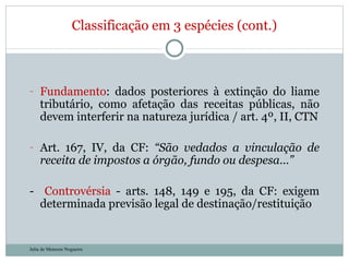 Classificação em 3 espécies (cont.) Fundamento : dados posteriores à extinção do liame tributário, como afetação das receitas públicas, não devem interferir na natureza jurídica / art. 4º, II, CTN Art. 167, IV, da CF:  “São vedados a vinculação de receita de impostos a órgão, fundo ou despesa…” -  Controvérsia  - arts. 148, 149 e 195, da CF: exigem determinada previsão legal de destinação/restituição Julia de Menezes Nogueira 