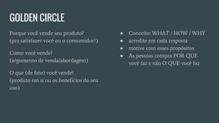 GOLDEN CIRCLE
Porque você vende seu produto?
(pra satisfazer você ou o consumidor?)
Como você vende?
(argumento de venda/abordagem)
O que (de fato) você vende?
(produto em si ou os benefícios do seu
uso)
● Conceito: WHAT / HOW / WHY
● acredite em cada resposta
● motive com esses propósitos
● As pessoas compra POR QUE
você faz e não O QUE você faz
 