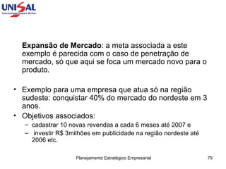 Expansão de Mercado : a meta associada a este exemplo é parecida com o caso de penetração de mercado, só que aqui se foca um mercado novo para o produto.  Exemplo para uma empresa que atua só na região sudeste: conquistar 40% do mercado do nordeste em 3 anos.  Objetivos associados:  cadastrar 10 novas revendas a cada 6 meses até 2007 e investir R$ 3milhões em publicidade na região nordeste até 2006 etc.  