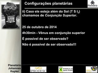 Configurações planetárias
ii) Caso ele esteja além do Sol (T S I3)
chamamos de Conjunção Superior.
25 de outubro de 2014
4h30min - Vênus em conjunção superior
É possível de ser observado?
Não é possível de ser observado!!!
 