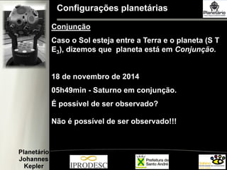 Configurações planetárias
Conjunção
Caso o Sol esteja entre a Terra e o planeta (S T
E3), dizemos que planeta está em Conjunção.
18 de novembro de 2014
05h49min - Saturno em conjunção.
É possível de ser observado?
Não é possível de ser observado!!!
 
