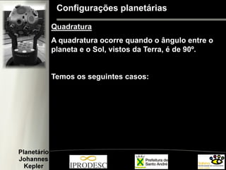 Configurações planetárias
Quadratura
A quadratura ocorre quando o ângulo entre o
planeta e o Sol, vistos da Terra, é de 90º.
Temos os seguintes casos:
 
