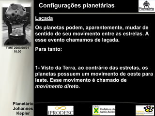 Configurações planetárias
Laçada
Os planetas podem, aparentemente, mudar de
sentido de seu movimento entre as estrelas. A
esse evento chamamos de laçada.
Para tanto:
1- Visto da Terra, ao contrário das estrelas, os
planetas possuem um movimento de oeste para
leste. Esse movimento é chamado de
movimento direto.
TIME 2009/09/01
10:00
 