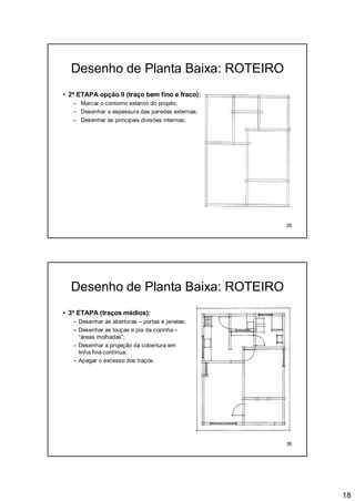18
35
Desenho de Planta Baixa: ROTEIRO
• 2ª ETAPA opção II (traço bem fino e fraco):
– Marcar o contorno externo do projeto;
– Desenhar a espessura das paredes externas;
– Desenhar as principais divisões internas;
36
Desenho de Planta Baixa: ROTEIRO
• 3ª ETAPA (traços médios):
– Desenhar as aberturas – portas e janelas;
– Desenhar as louças e pia da cozinha –
“áreas molhadas”;
– Desenhar a projeção da cobertura em
linha fina contínua;
– Apagar o excesso dos traços.
 