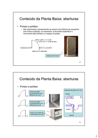 7
13
Conteúdo da Planta Baixa: aberturas
• Portas e portões
– São desenhados representando-se sempre a(s) folha(s) da esquadria,
com linhas auxiliares, se necessário, procurando especificar o
movimento da(s) folha(s) e o espaço ocupado.
marco (3 a 5 cm)
14
Conteúdo da Planta Baixa: aberturas
• Portas e portões
portas que ligam
compartimentos sem
diferença de nível
portas que ligam
compartimentos com
diferença de nível
portas com soleira de
nível diferente do piso
boneca de porta (10 cm)
boneca
boneca
boneca
 