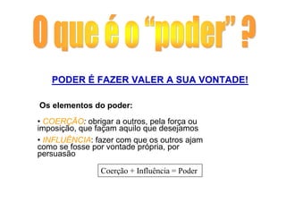 PODER É FAZER VALER A SUA VONTADE!

Os elementos do poder:
• COERÇÃO: obrigar a outros, pela força ou
imposição, que façam aquilo que desejamos
• INFLUÊNCIA: fazer com que os outros ajam
como se fosse por vontade própria, por
persuasão

                Coerção + Influência = Poder
 