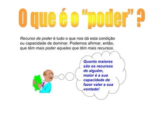 Recurso de poder é tudo o que nos dá esta condição
ou capacidade de dominar. Podemos afirmar, então,
que têm mais poder aqueles que têm mais recursos.


                                 Quanto maiores
                                 são os recursos
                                 de alguém,
                                 maior é a sua
                                 capacidade de
                                 fazer valer a sua
                                 vontade!
 