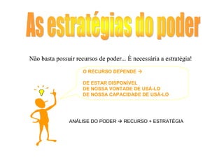 Não basta possuir recursos de poder... É necessária a estratégia!
                     O RECURSO DEPENDE

                     DE ESTAR DISPONÍVEL
                     DE NOSSA VONTADE DE USÁ-LO
                     DE NOSSA CAPACIDADE DE USÁ-LO




               ANÁLISE DO PODER      RECURSO + ESTRATÉGIA
 