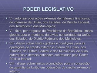 PODER LEGISLATIVO
 V - autorizar operações externas de natureza financeira,
de interesse da União, dos Estados, do Distrito Federal,
dos Territórios e dos Municípios;
 VI - fixar, por proposta do Presidente da República, limites
globais para o montante da dívida consolidada da União,
dos Estados, do Distrito Federal e dos Municípios;
 VII - dispor sobre limites globais e condições para as
operações de crédito externo e interno da União, dos
Estados, do Distrito Federal e dos Municípios, de suas
autarquias e demais entidades controladas pelo Poder
Público federal;
 VIII - dispor sobre limites e condições para a concessão
de garantia da União em operações de crédito externo e
interno;

 