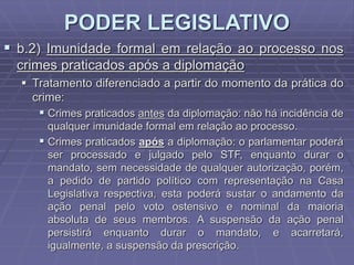 PODER LEGISLATIVO
 b.2) Imunidade formal em relação ao processo nos
crimes praticados após a diplomação
 Tratamento diferenciado a partir do momento da prática do
crime:

 Crimes praticados antes da diplomação: não há incidência de
qualquer imunidade formal em relação ao processo.
 Crimes praticados após a diplomação: o parlamentar poderá
ser processado e julgado pelo STF, enquanto durar o
mandato, sem necessidade de qualquer autorização, porém,
a pedido de partido político com representação na Casa
Legislativa respectiva, esta poderá sustar o andamento da
ação penal pelo voto ostensivo e nominal da maioria
absoluta de seus membros. A suspensão da ação penal
persistirá enquanto durar o mandato, e acarretará,
igualmente, a suspensão da prescrição.

 