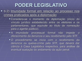 PODER LEGISLATIVO
 b.2) Imunidade formal em relação ao processo nos
crimes praticados após a diplomação
 Considera-se o momento da diplomação (início do
vínculo jurídico estabelecido entre os eleitores e os
parlamentares, que equivale ao título de nomeação
para o agente público).
 A imunidade processual formal não impede o
oferecimento da denúncia e seu recebimento pelo STF.
 O procedimento se inicia com o recebimento da
denúncia ou queixa-crime pelo STF, que deverá dar
ciência à Casa Legislativa respectiva, para análise de
eventual sustação do andamento da ação penal.

 