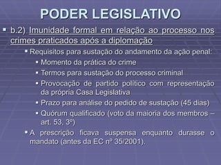 PODER LEGISLATIVO
 b.2) Imunidade formal em relação ao processo nos
crimes praticados após a diplomação
 Requisitos para sustação do andamento da ação penal:
 Momento da prática do crime
 Termos para sustação do processo criminal
 Provocação de partido político com representação
da própria Casa Legislativa
 Prazo para análise do pedido de sustação (45 dias)
 Quórum qualificado (voto da maioria dos membros –
art. 53, 3º)
 A prescrição ficava suspensa enquanto durasse o
mandato (antes da EC nº 35/2001).

 