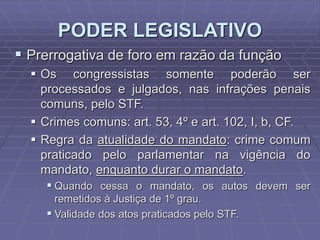 PODER LEGISLATIVO
 Prerrogativa de foro em razão da função
 Os congressistas somente poderão ser
processados e julgados, nas infrações penais
comuns, pelo STF.
 Crimes comuns: art. 53, 4º e art. 102, I, b, CF.
 Regra da atualidade do mandato: crime comum
praticado pelo parlamentar na vigência do
mandato, enquanto durar o mandato.
 Quando cessa o mandato, os autos devem ser
remetidos à Justiça de 1º grau.
 Validade dos atos praticados pelo STF.

 