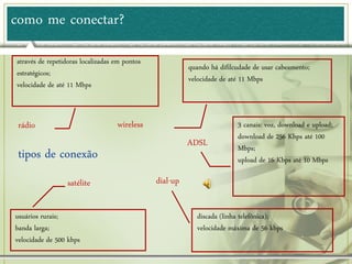 como me conectar?
tipos de conexão
ADSL
satélite dial-up
discada (linha telefônica);
velocidade máxima de 56 kbps
rádio wireless
usuários rurais;
banda larga;
velocidade de 500 kbps
quando há difilcudade de usar cabeamento;
velocidade de até 11 Mbps
3 canais: voz, download e upload;
download de 256 Kbps até 100
Mbps;
upload de 16 Kbps até 10 Mbps
através de repetidoras localizadas em pontos
estratégicos;
velocidade de até 11 Mbps
 