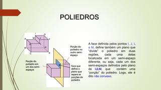 POLIEDROS
A face definida pelos pontos I, J, L
e M, define também um plano que
“divide” o poliedro em duas
regiões, cada uma delas
localizada em um semi-espaço
diferente, ou seja, cada um dos
semi-espaços definidos pelo plano
de IJLM, que contém uma
“porção” do poliedro. Logo, ele é
dito não convexo.
Porção do
poliedro em
um dos semi-
espaços
Porção do
poliedro no
outro semi-
espaço
Face que
define o
plano que
separa as
porções do
poliedro
 