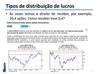 Felipe Pontes
www.contabilidademq.com.br
Tipos de distribuição de lucros
• Às vezes temos o direito de receber, por exemplo,
10,4 ações. Como receber esse 0,4?
16
 