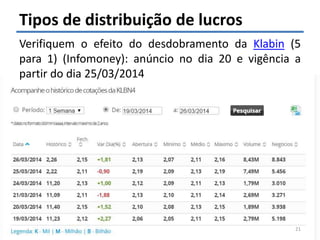Felipe Pontes
www.contabilidademq.com.br
Tipos de distribuição de lucros
Verifiquem o efeito do desdobramento da Klabin (5
para 1) (Infomoney): anúncio no dia 20 e vigência a
partir do dia 25/03/2014
21
 