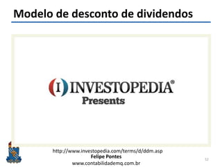 Felipe Pontes
www.contabilidademq.com.br
Modelo de desconto de dividendos
52
http://www.investopedia.com/terms/d/ddm.asp
 