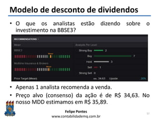 Felipe Pontes
www.contabilidademq.com.br
Modelo de desconto de dividendos
• O que os analistas estão dizendo sobre o
investimento na BBSE3?
• Apenas 1 analista recomenda a venda.
• Preço alvo (consenso) da ação é de R$ 34,63. No
nosso MDD estimamos em R$ 35,89.
57
 