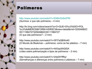 Polímeros
http://www.youtube.com/watch?v=ENKnCkSc6TM
(Química: o que são polímeros – 4 min)
http://br.bing.com/videos/search?q=O+QUE+S%c3%83O+POL
%c3%8dMEROS&FORM=HDRSC3#view=detail&mid=3250A6B2C
551119847273250A6B2C55111984727
(O que são polímeros? – 2 min)
http://www.youtube.com/watch?v=5FtTaQBWo40
(O Mundo de Beakman – polímeros: como se faz plástico – 7 min)
http://www.youtube.com/watch?v=4A3xpXAGlGA
(vídeo sobre polimerização e tipos de polímeros – 2 min)
http://www.youtube.com/watch?v=24eDtYffRyI
(Semelhanças e diferenças entre polímeros e plásticos – 7 min)
10

 