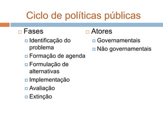 Ciclo de políticas públicas
 Fases
 Identificação do
problema
 Formação de agenda
 Formulação de
alternativas
 Implementação
 Avaliação
 Extinção
 Atores
 Governamentais
 Não governamentais
 