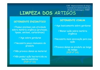 LIMPEZA DOS ARTIGOS 
DETERGENTE COMUM 
Age basicamente sobre gorduras 
Menor ação sobre matéria 
orgânica 
Necessita mais escovação para sua 
ação 
Provoca danos ao produto ao longo 
do tempo 
(POP nº 34) 
DETERGENTE ENZIMÁTICO 
Possui enzimas com atividade 
sobre matéria orgânica (protease, 
lipase, amilase, carboidrase) 
Age sobre gorduras 
Necessita pouco manuseio do 
produto 
Não provoca danos ao material 
Não possui ação bactericida ou 
bacteriostática 
(POP nº 33) 
CME -Reprocessamento de artigos- 
Comissão de Controle de Infecção 
Divisão de Enfermagem - PMRP 
 