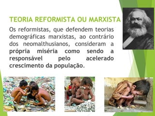 TEORIA REFORMISTA OU MARXISTA
Os reformistas, que defendem teorias
demográficas marxistas, ao contrário
dos neomalthusianos, consideram a
própria miséria como sendo a
responsável pelo acelerado
crescimento da população.
GEOGRAFIA, 1º ano
Teorias demográficas
 