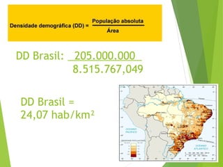 DD Brasil: 205.000.000
8.515.767,049
DD Brasil =
24,07 hab/km²
 
