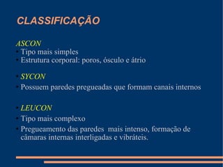 CLASSIFICAÇÃO ASCON  Tipo mais simples Estrutura corporal: poros, ósculo e átrio SYCON Possuem paredes pregueadas que formam canais internos LEUCON Tipo mais complexo Pregueamento das paredes  mais intenso, formação de câmaras internas interligadas e vibráteis. 