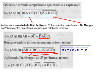 Aplicando a propriedade Distributiva no 1º termo entre parênteses e De Morgan
no 2º termo entre parênteses internos aos colchetes teremos:




                                                   X+Y+Z=X.Y.Z
 