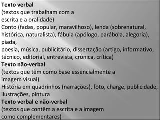 Texto verbal (textos que trabalham com a escrita e a oralidade) Conto (fadas, popular, maravilhoso), lenda (sobrenatural, histórica, naturalista), fábula (apólogo, parábola, alegoria), piada, poesia, música, publicitário, dissertação (artigo, informativo, técnico, editorial, entrevista, crônica, crítica) Texto não-verbal (textos que têm como base essencialmente a imagem visual) História em quadrinhos (narrações), foto, charge, publicidade, ilustrações, pintura Texto verbal e não-verbal (textos que contêm a escrita e a imagem como complementares) Charge, tira, história em quadrinhos,  outdoor, publicitário 