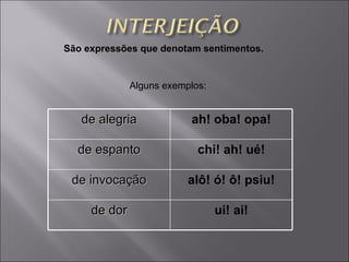 São expressões que denotam sentimentos. Alguns exemplos: de alegria ah! oba! opa! de espanto chi! ah! ué! de invocação alô! ó! ô! psiu! de dor ui! ai! 