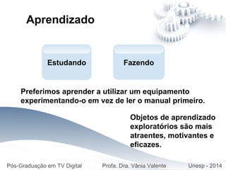 Objetos de aprendizado
exploratórios são mais
atraentes, motivantes e
eficazes.
Fazendo
Pós-Graduação em TV Digital Profa. Dra. Vânia Valente Unesp - 2014
Aprendizado
Estudando
Preferimos aprender a utilizar um equipamento
experimentando-o em vez de ler o manual primeiro.
 