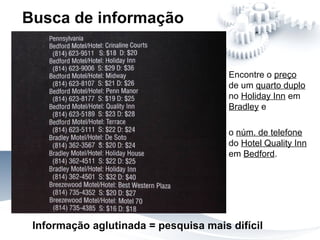 Encontre o preço
de um quarto duplo
no Holiday Inn em
Bradley e
o núm. de telefone
do Hotel Quality Inn
em Bedford.
Busca de informação
Informação aglutinada = pesquisa mais difícil
 