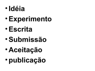 • Idéia
• Experimento
• Escrita
• Submissão
• Aceitação
• publicação
 
