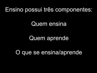 Ensino possui três componentes:
Quem ensina
Quem aprende
O que se ensina/aprende
 