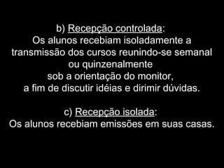 b) Recepção controlada:
Os alunos recebiam isoladamente a
transmissão dos cursos reunindo-se semanal
ou quinzenalmente
sob a orientação do monitor,
a fim de discutir idéias e dirimir dúvidas.
 
c) Recepção isolada:
Os alunos recebiam emissões em suas casas.
 