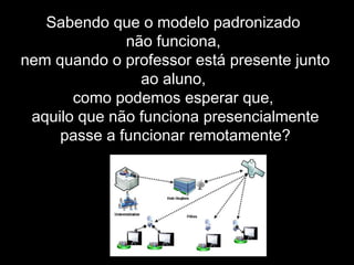 Sabendo que o modelo padronizado
não funciona,
nem quando o professor está presente junto
ao aluno,
como podemos esperar que,
aquilo que não funciona presencialmente
passe a funcionar remotamente?
 